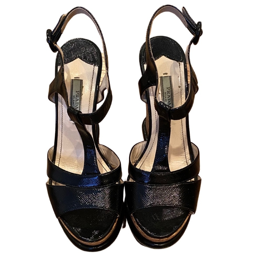 Prade T Strap Cork Wedges, Black